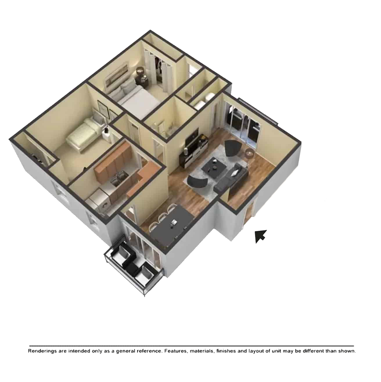 Floor plan for 2 beds, 1 bath, 950 sqft